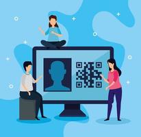 escanear el código qr con computadora y gente de negocios vector