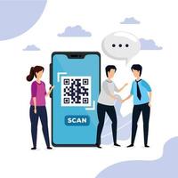 scan code qr with smartphone and business people vector