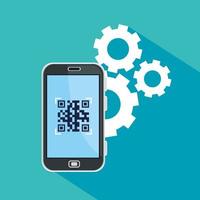 escanear el código qr con teléfono inteligente y engranajes vector