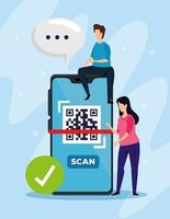 escanear el código qr con smartphone y pareja de negocios vector