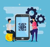 escanear el código qr con smartphone y pareja de negocios vector
