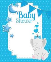 Tarjeta de baby shower con lindo elefante y decoración. vector