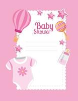 Tarjeta de baby shower con ropa de bebé y decoración. vector