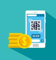 scan qr code with smartphone and pile coins vector