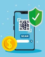 escanear el código qr con un teléfono inteligente y una moneda vector