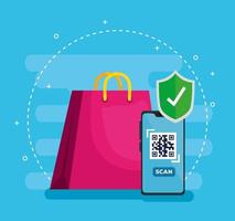 scan qr code with smartphone and bag shopping vector