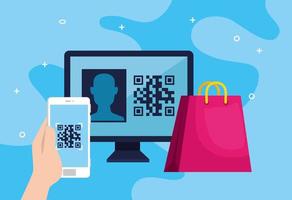 code qr in computer with smartphone and bag shopping vector