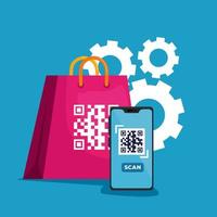 escanear el código qr con el teléfono inteligente y la bolsa de compras vector