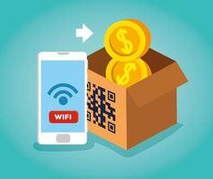 scan qr code in box with smartphone and coins