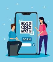 escanear el código qr con smartphone y pareja de negocios vector