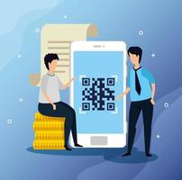 Código qr en smartphone con empresarios e iconos. vector