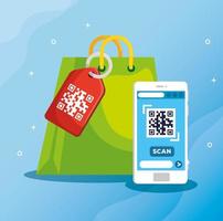 scan code qr with smartphone and bag shopping vector