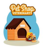 Tienda de mascotas veterinaria con casa de perro e iconos. vector