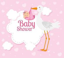 Tarjeta de baby shower con linda cigüeña y decoración. vector