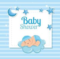 baby shower card with cute little boy and decoration vector
