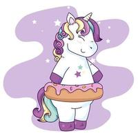 linda fantasía de unicornio con decoración de donas y estrellas vector