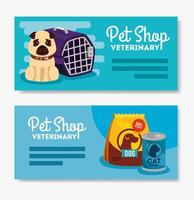 set poster of pet shop veterinary with little dog and icons vector