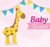 tarjeta de baby shower con jirafa y guirnaldas colgando vector