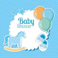 Tarjeta de baby shower con caballo de madera y decoración. vector