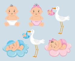 group of little babies with cute stork vector