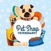 Tienda de mascotas veterinaria con perrito e iconos. vector