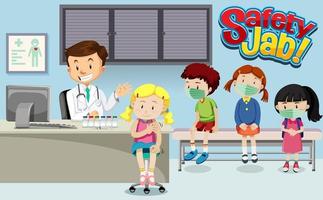 Many kids waiting in queue to get vaccine with a doctor cartoon character in hospital scene vector