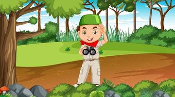 escena de la naturaleza con un personaje de dibujos animados de niño musulmán explorando en el bosque vector