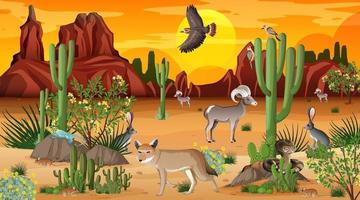 paisaje de bosque desértico en la escena del atardecer con animales salvajes vector