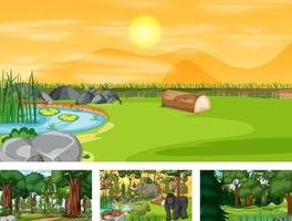 Set of different nature horizontal scene with various wild animals vector