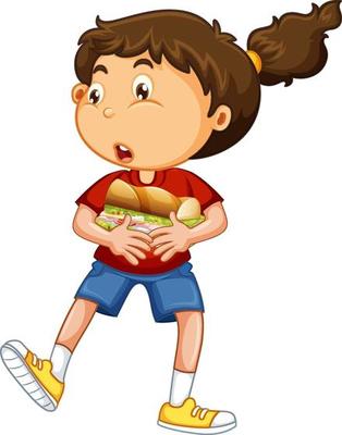 Happy girl cartoon character hugging food sandwich