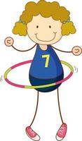 Cute girl playing hula hoop cartoon character in hand drawn doodle style isolated vector