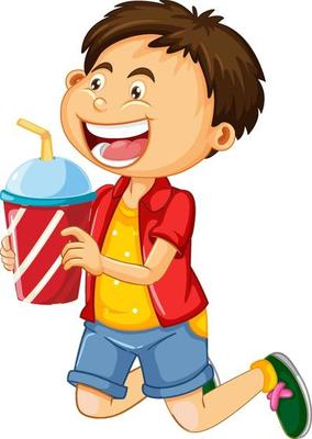 Happy boy cartoon character holding a drink plastic cup