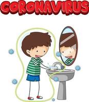 Diseño de fuente de coronavirus con un niño lavándose las manos sobre fondo blanco. vector