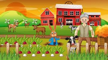 Farm at sunset time scene with old farmer man and farm animals vector