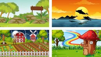 Four different scenes with various animals cartoon character vector