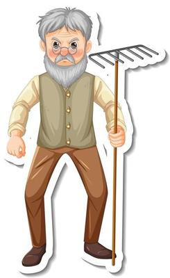 Sticker template with a gardener old man holds rake gardening tool isolated
