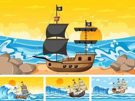 Set of ocean scenes at different times with Pirate ship in cartoon style vector