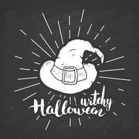 Etiqueta vintage de tarjeta de felicitación de Halloween, sombrero de bruja de boceto dibujado a mano, insignia retro con textura grunge, estampado de camiseta de diseño tipográfico, ilustración vectorial vector