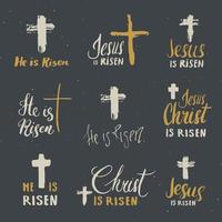 He is risen, lettering religious sign with crucifix symbol. Hand drawn Christian cross, grunge textured retro badge, Vintage label, typography design print, vector illustration