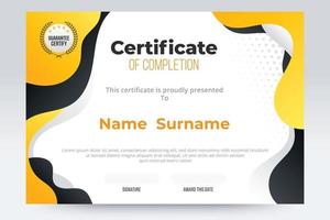 Gradient Certificate of completion template. Yellow and black color tone. vector