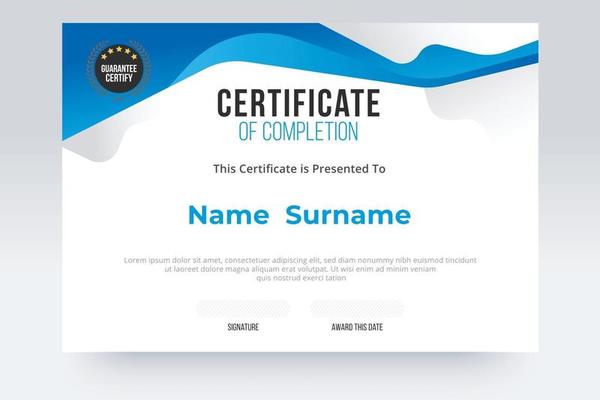 Gradient Certificate of completion Template. Blue and white color tone.