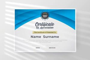 Certificate of appreciation template with blue and white color. vector