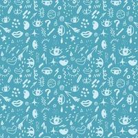 Seamless pattern with hand drawn sketched doodle elements eyes and lips, abstract background. Typography design print, vector illustration