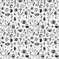 Seamless pattern with hand drawn sketched doodle elements eyes and lips, abstract background. Typography design print, vector illustration