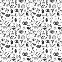 Seamless pattern with hand drawn sketched doodle elements eyes and lips, abstract background. Typography design print, vector illustration