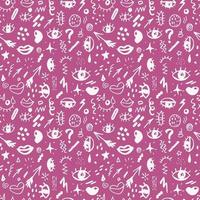 Seamless pattern with hand drawn sketched doodle elements eyes and lips, abstract background. Typography design print, vector illustration