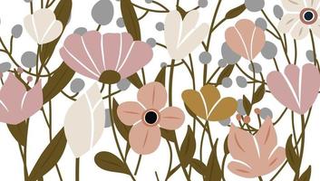 backdrop decorated with blooming flowers and leaves. Abstract art nature background vector. Trendy plants frame. flower garden. Botanical floral pattern design for summer. vector