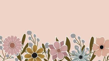 telón de fondo horizontal decorado con flores en flor y borde de hojas. vector de fondo de naturaleza de arte abstracto. marco de plantas de moda. jardín de flores. diseño de patrón floral botánico para banner de venta de verano