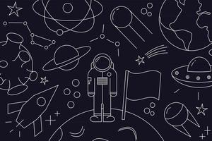 Modern pattern of planet, star, comet, with different rockets. Universe line drawings. Cosmos. Trendy space signs, constellation, moon. Outline, doodle style, icon, sketch. on dark background. vector