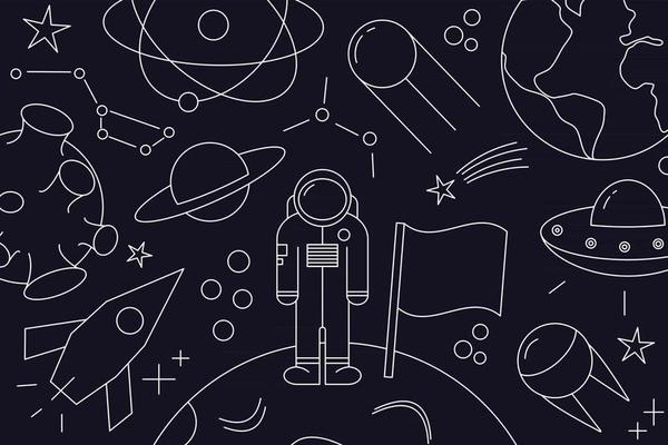 Modern pattern of planet, star, comet, with different rockets. Universe line drawings. Cosmos. Trendy space signs, constellation, moon. Outline, doodle style, icon, sketch. on dark background.
